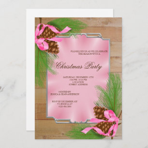Wooden Framed Corner Pine Cones & Ribbon Christmas Invitation