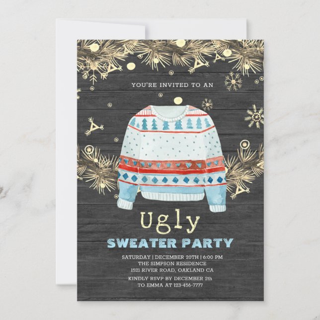 Wooden Golden Ugly Sweater Christmas Invitation (Front)