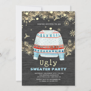 Wooden Golden Ugly Sweater Christmas Invitation