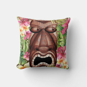 Wooden Hawaiian Tiki Luau Island Summer Floral Cushion