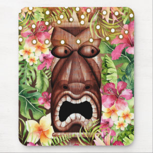 Wooden Hawaiian Tiki Luau Island Summer Floral Mouse Pad