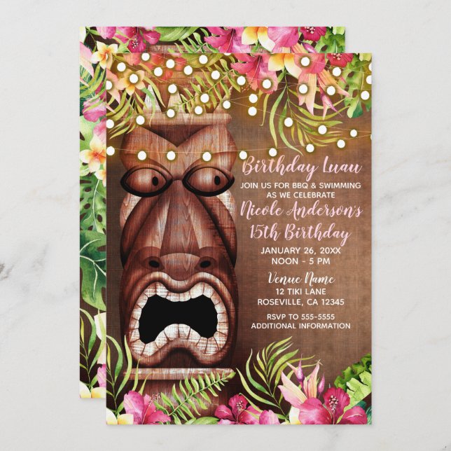 Wooden Hawaiian Tiki Luau Summer Birthday Party Invitation (Front/Back)