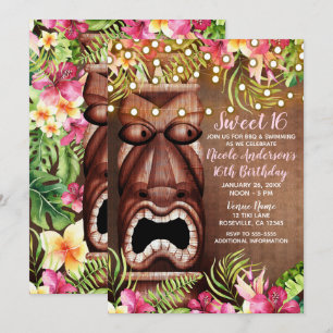 Wooden Hawaiian Tiki Luau Summer Sweet 16 Party Invitation
