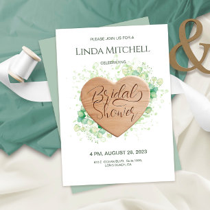 Wooden Heart Eucalyptus Rustic Bridal Shower Invitation
