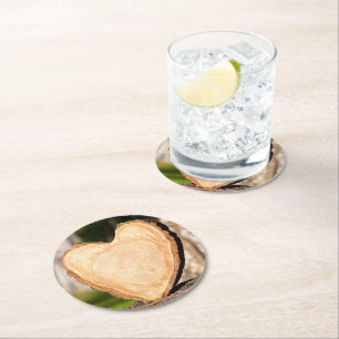wooden heart round paper coaster