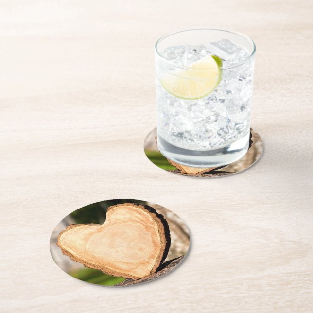 wooden heart round paper coaster (Insitu)