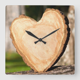 wooden heart square wall clock