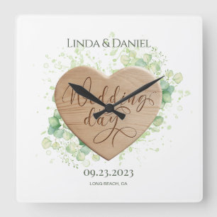 Wooden Heart Watercolor Eucalyptus Rustic Wedding Square Wall Clock