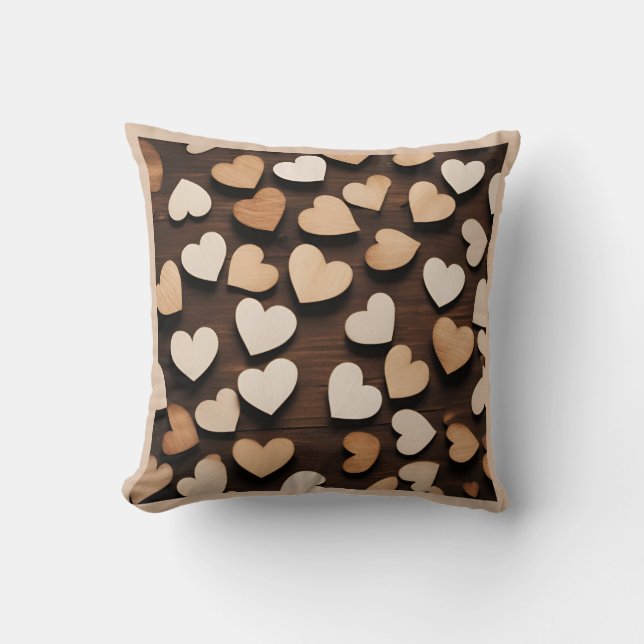 Wooden Hearts Beige Love Timeless Casual Decor Cushion (Front)