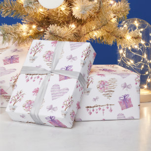 Wooden Hearts with Pink Bows Wrapping Paper
