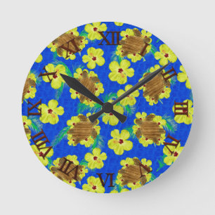 Wooden Honu And Hibiscus Flowers Round Clock