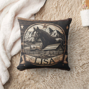Wooden Horse Carving With Mountain Background Cushion