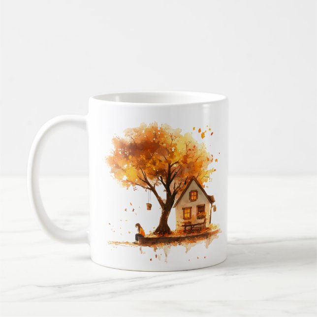 "Wooden House by Autumn Tree: Warm Country Scene" Coffee Mug (Left)