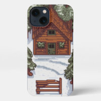 wooden house in a snowy forest pixelated 
