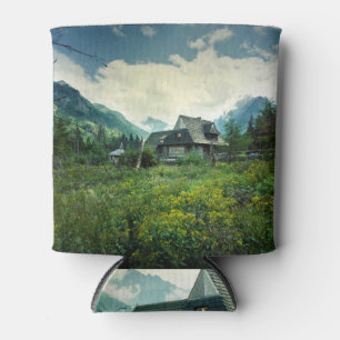 Wooden house, mountain nature scenery. can cooler