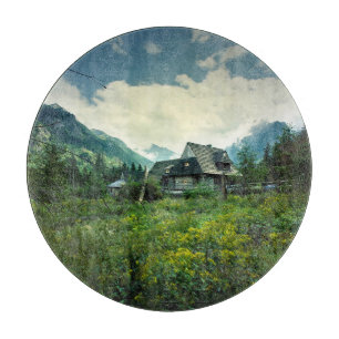 Wooden house, mountain nature scenery. cutting board