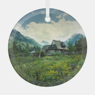 Wooden house, mountain nature scenery. glass tree decoration