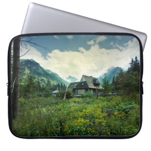 Wooden house, mountain nature scenery. laptop sleeve