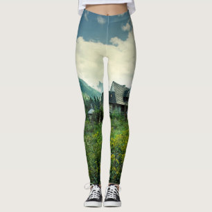 Wooden house, mountain nature scenery. leggings