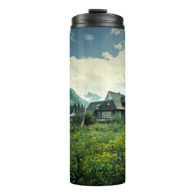 Wooden house, mountain nature scenery. thermal tumbler (Front)