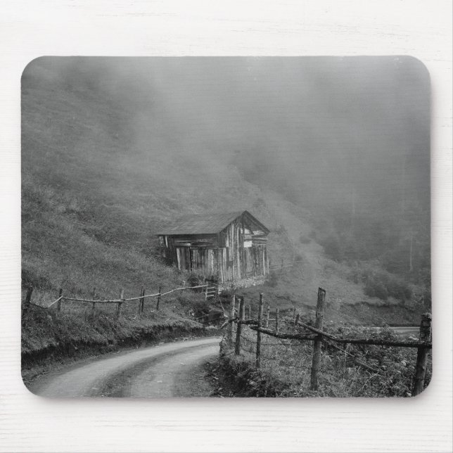 Wooden hut in nature/fog at mountain mouse pad (Front)