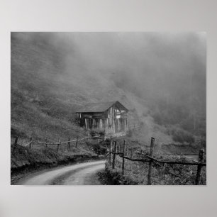 Wooden hut in nature/fog at mountain poster