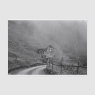 Wooden hut in nature/fog at mountain tissue paper