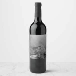 Wooden hut in nature/fog at mountain wine label