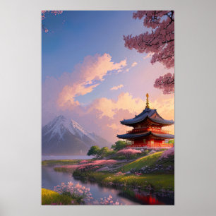 Wooden Japanese Temple by the River Poster