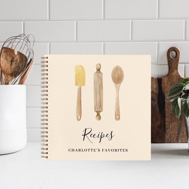 Wooden kitchen utensils beige recipe cookbook notebook (Creator Uploaded)