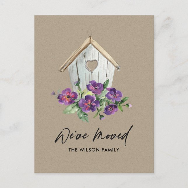 WOODEN KRAFT FLORAL BIRD HOUSE MOVING NEW ADDRESS ANNOUNCEMENT POSTCARD (Front)
