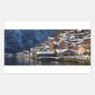 Wooden lakeside houses in Hallstatt, Austria Rectangular Sticker