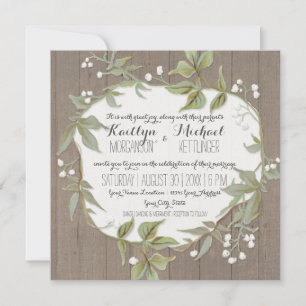 Wooden Laurel Leaf Foliage w Babys Breath Wreath Invitation