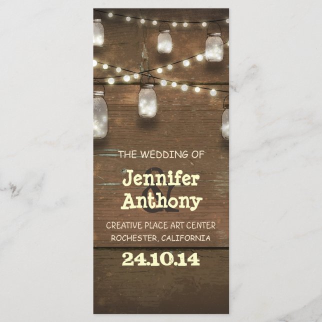 Wooden lights mason jars rustic wedding programs (Front)