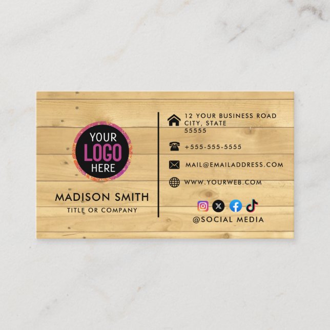Wooden modern minimalist social media icons business card (Front)