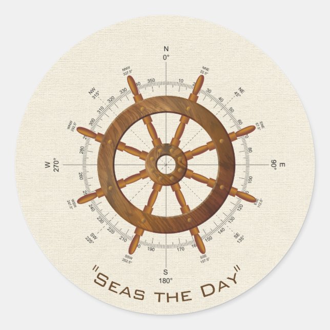 wooden nautical helm and compass classic round sticker (Front)
