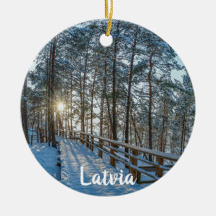 Wooden path across snowy winter forest ceramic ornament