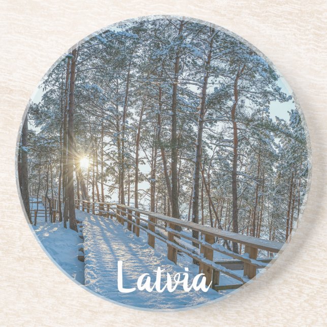 Wooden path across snowy winter forest coaster (Front)