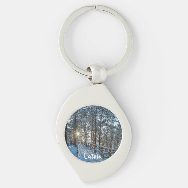 Wooden path across snowy winter forest key ring (Front)