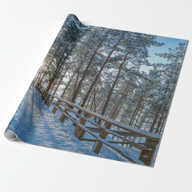 Wooden path across snowy winter forest wrapping paper (Unrolled)
