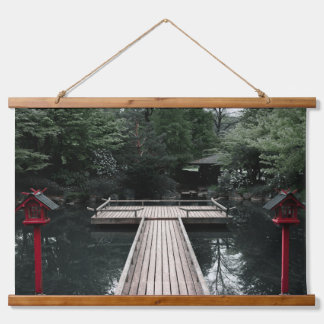 Wooden Pier framed by red Lanterns Hanging Tapestry
