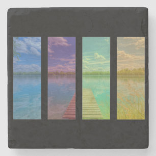 Wooden Pier over a Calm Lake Landscape Quadtrych Stone Coaster