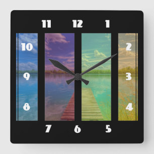 Wooden Pier over a Calm Lake Landscape Square Wall Clock