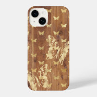 Wooden Plank Golden Butterflies iPhone 14 Cases