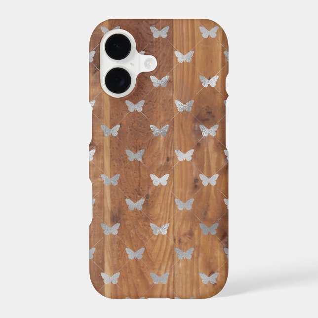 Wooden Planks & Silver Butterflies iPhone 14 Cases (Back)