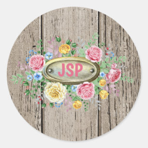 Wooden Planks with Fancy Monogram Classic Round Sticker