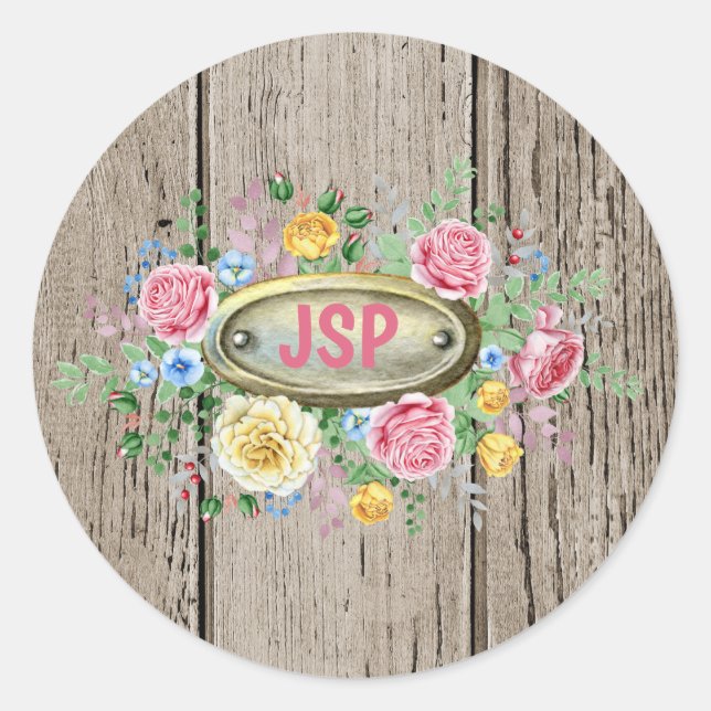 Wooden Planks with Fancy Monogram Classic Round Sticker (Front)