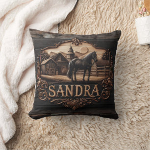 Wooden Plaque Featuring Horse and Farm Landscape Cushion