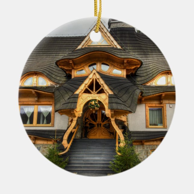 Wooden Polish House In Zakopane Ceramic Tree Decoration (Front)