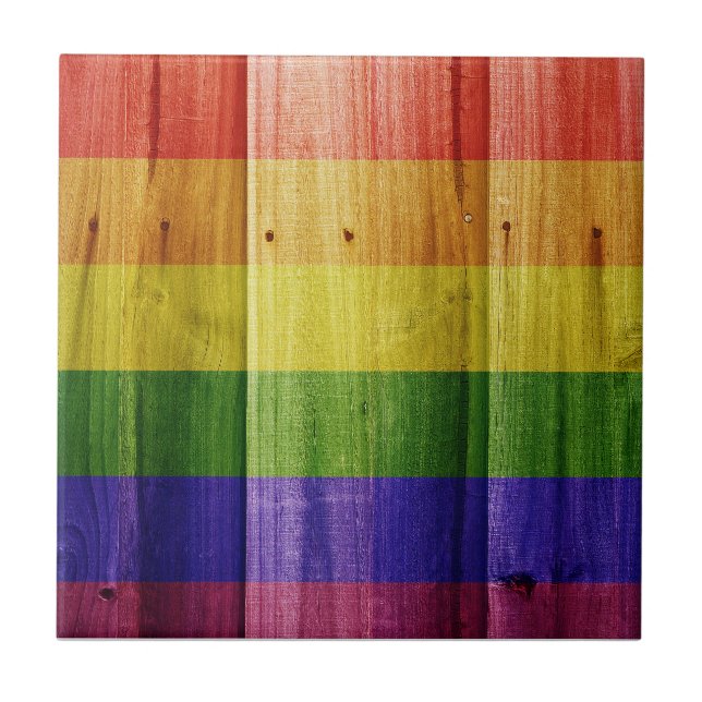 Wooden rainbow pride flag ceramic tile (Front)